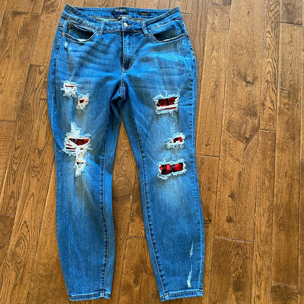 Womens 16W Judy Blue Red Plaid Patched Jeans